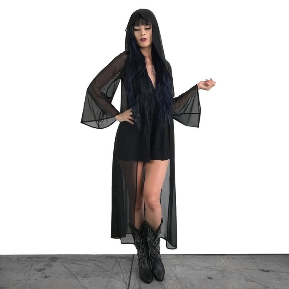 Foxblood mesh bell sleeve duster with hood